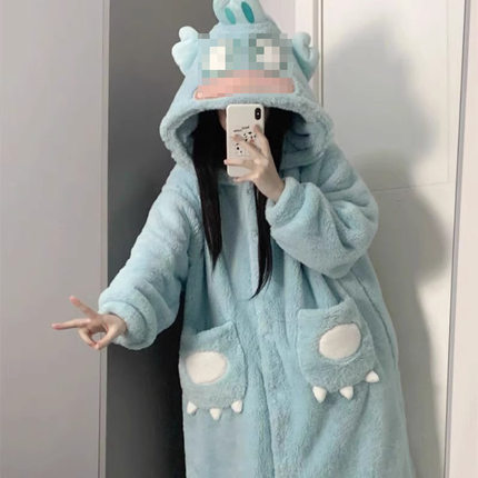 小浣熊睡衣女款冬季睡袍珊瑚绒加厚加绒长款连体秋冬天家居服套装