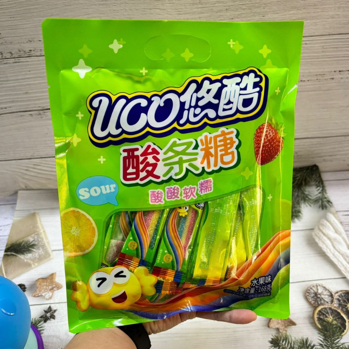 悠酷彩虹酸条糖168g水果味软糖酸酸软糯彩条糖果独立包装休闲零食