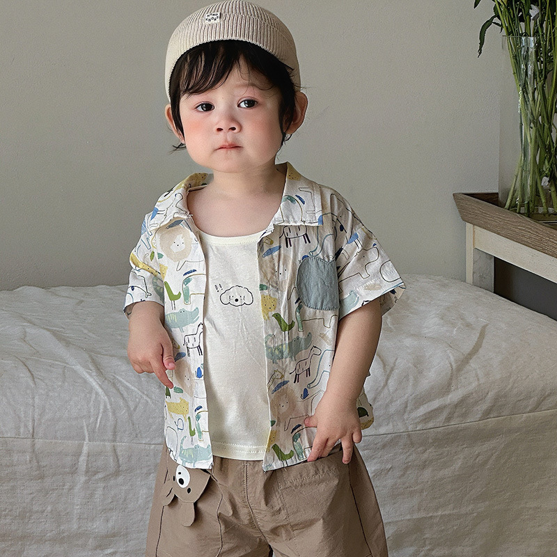 男童衬衫夏天薄款T恤套装2025新款宝宝夏季婴幼儿衬衣开衫上衣a类