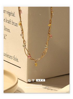 黄铜镀18K真金 法式ins复古精致轻线条缠绕彩色锆石项链项饰