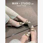 漫漫小个子 绸缎水钻尖头细跟伴娘鞋 法式 气质百搭中空高跟鞋