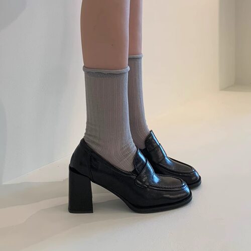 小个子英伦复古粗跟乐福鞋女