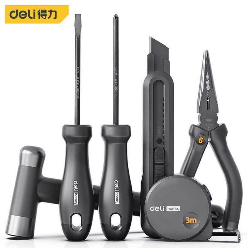 得力(deli)home系列家用手动工具箱套装6件套美工刀卷尺螺丝批