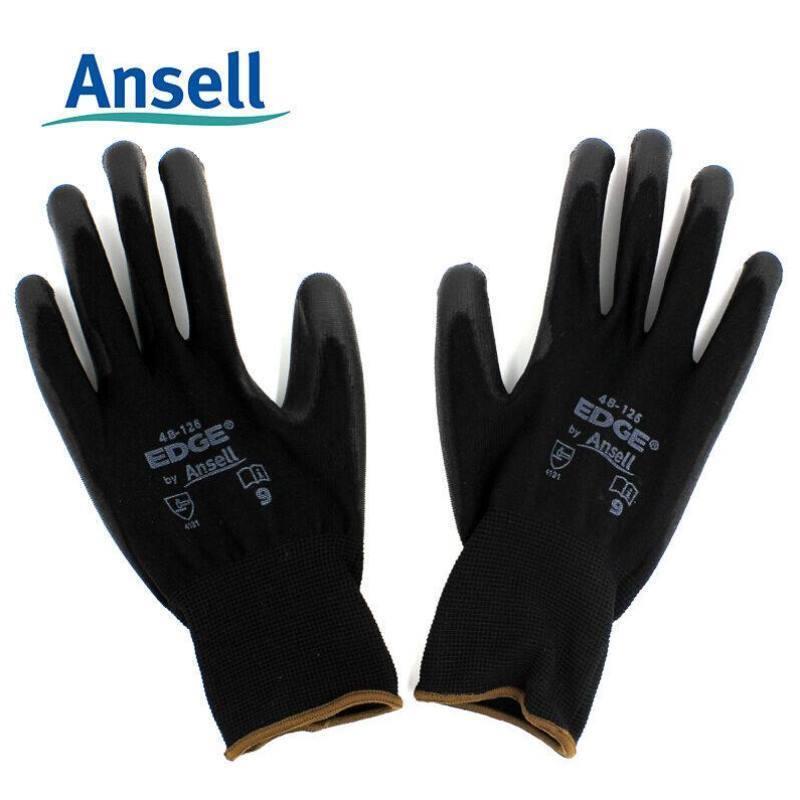 Ansell48-126PU涂层劳保手套涤纶衬里浸掌防滑抗撕裂耐