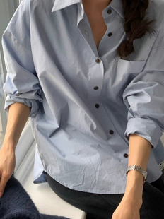 现货 包邮 东大门秋季overtake法式复古翻领蓝色长袖衬衫女