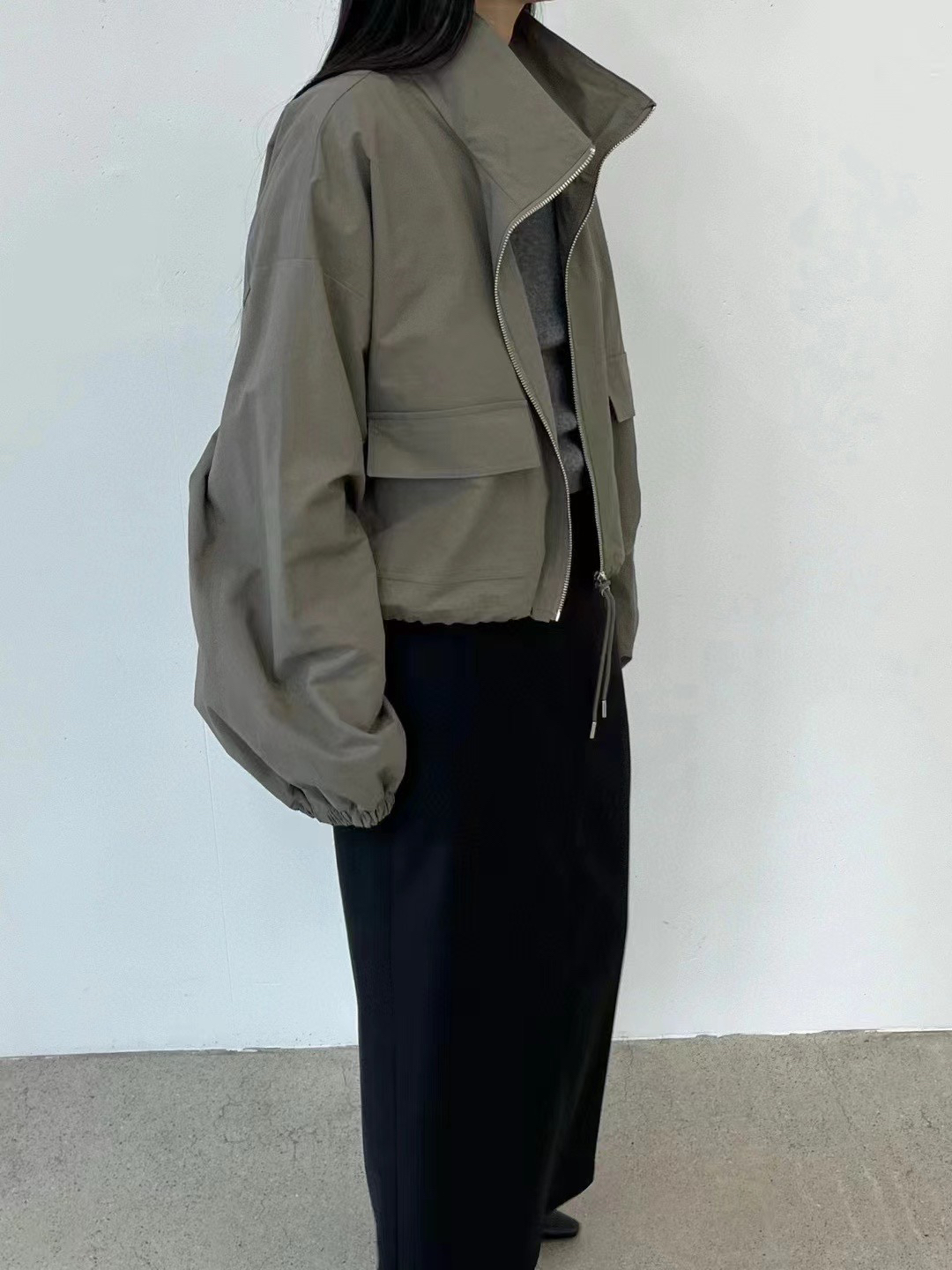 现货东大门 taupe复古立领下摆抽绳短款夹克工装外套风衣