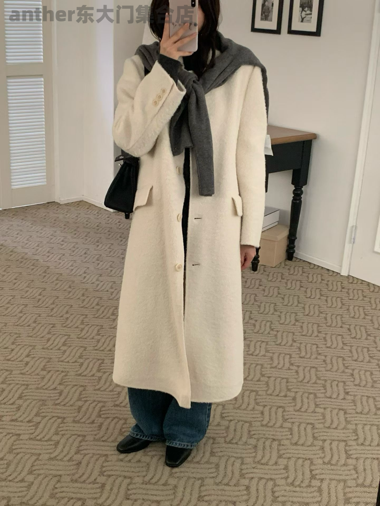 bruni2025秋冬新女韩国东大门气质翻领系扣羊毛大衣外套