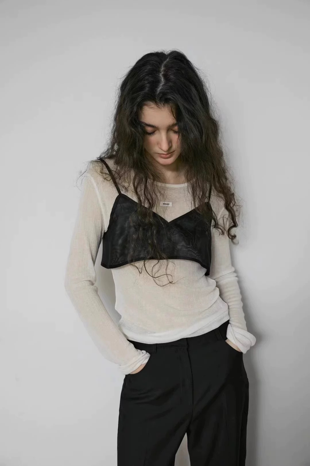 现韩国东大门wearable 25ss叠穿螺纹清透小标打底T恤天丝羊毛薄款