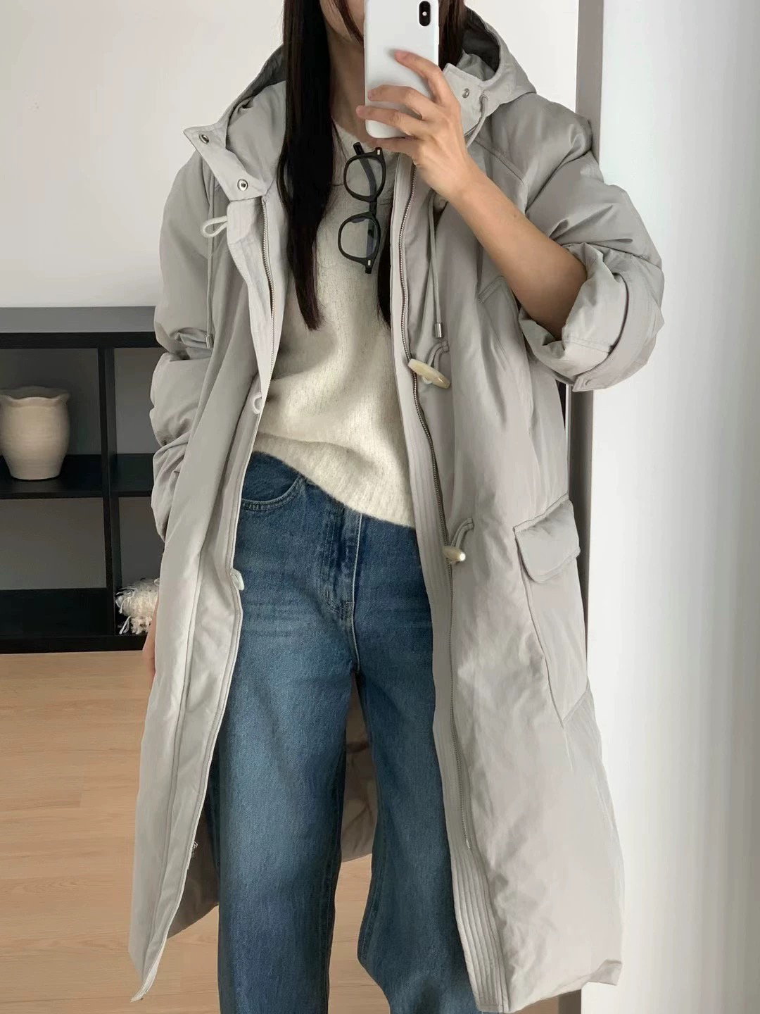 现货bruni韩国东大门2024冬季牛角扣连帽长款鹅绒羽绒服保暖厚