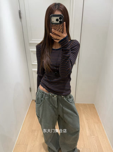 现meng韩国东大门2026秋新款时尚百搭条纹长袖T恤女打底衫