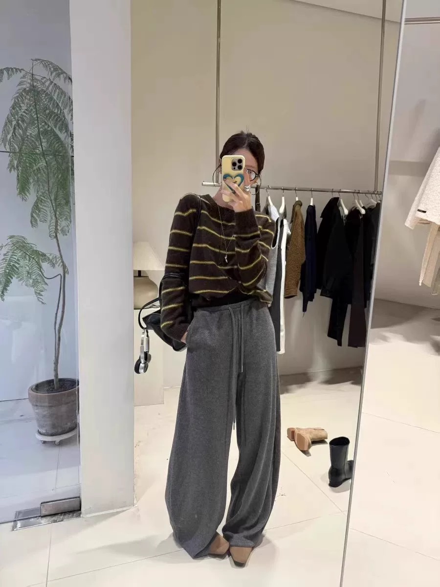 现韩国东大门2025冬季百搭宽松休闲条纹抽绳直筒加绒慵懒风休闲裤