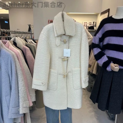 现货pouch韩国东大门2025冬季百搭宽松休闲牛角扣羊毛大衣外套