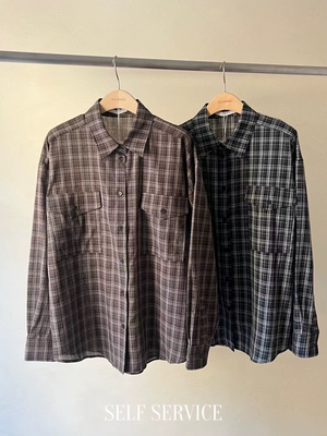 现韩国东大门self service2025春款复古格子宽松长袖衬衫