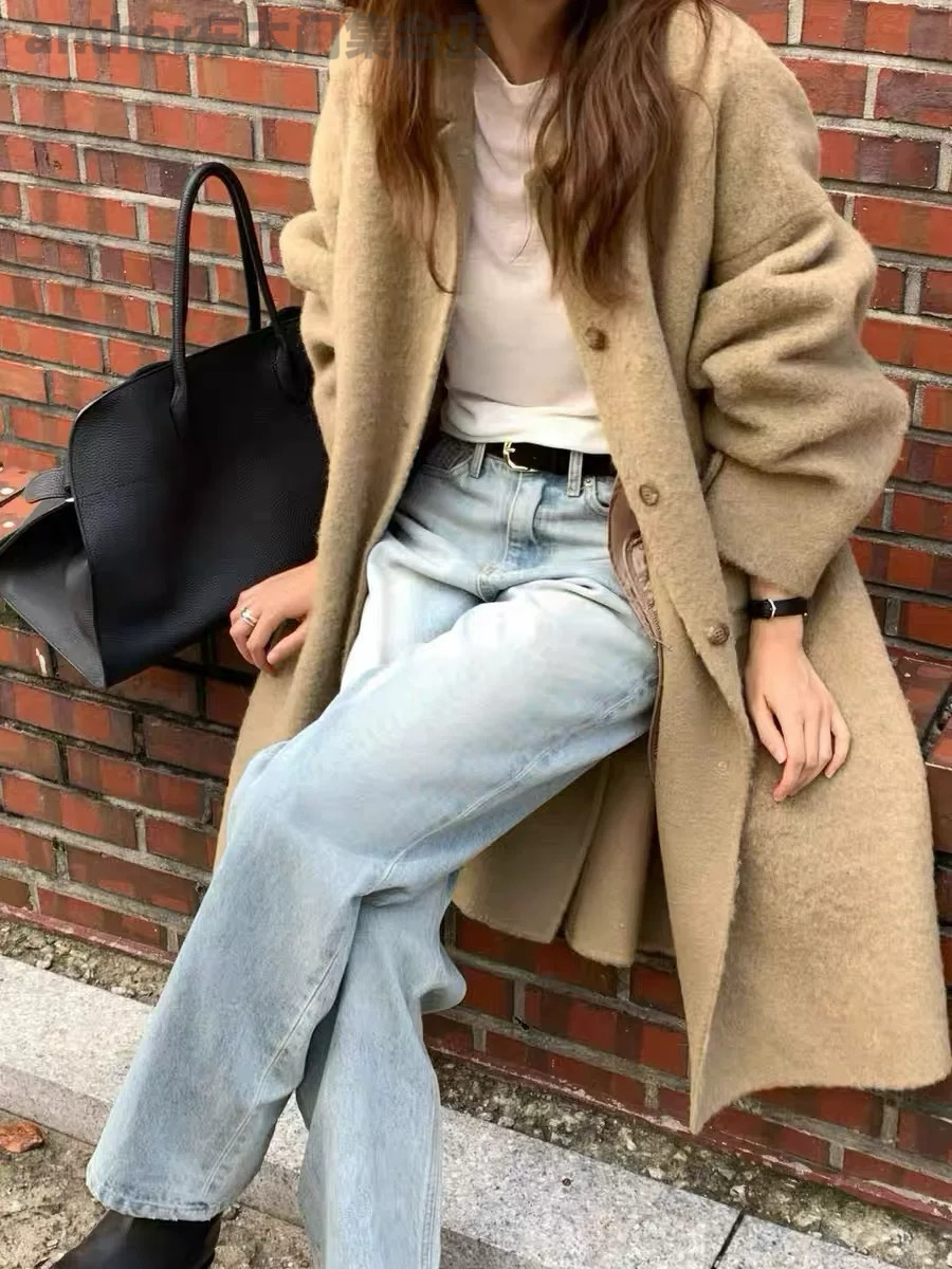 现verveine韩国2025秋季新款时尚百搭宽松休闲羊驼羊毛大衣外套