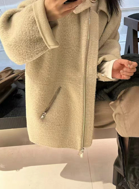 现货effervescent2025秋冬翻领拉链宽松羊驼复古羊绒大衣