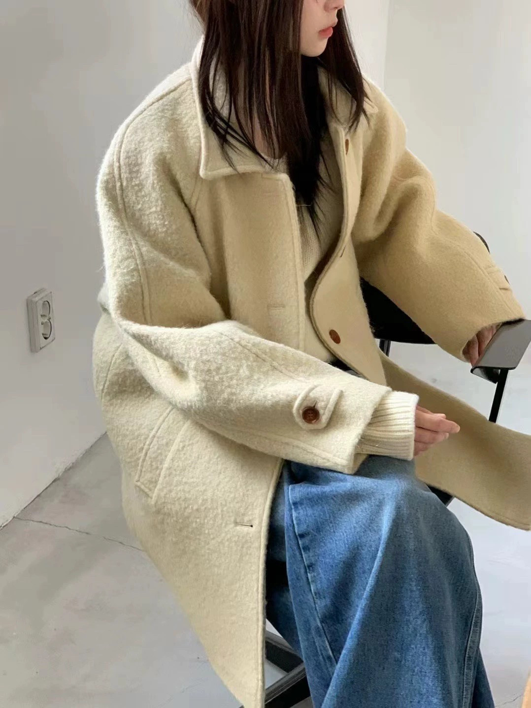 包邮 awear韩国东大门2025秋冬新款女装复古百搭毛呢外套短大衣