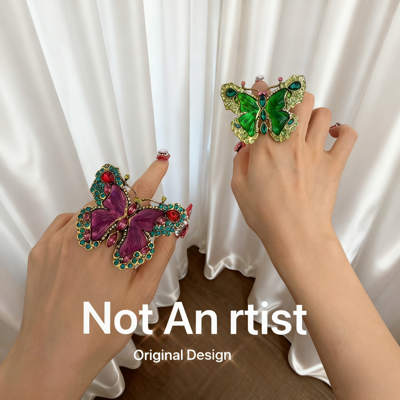 vintage复刻手工宴会夸张配饰高级彩色果冻琉璃水钻宝石蝴蝶戒指