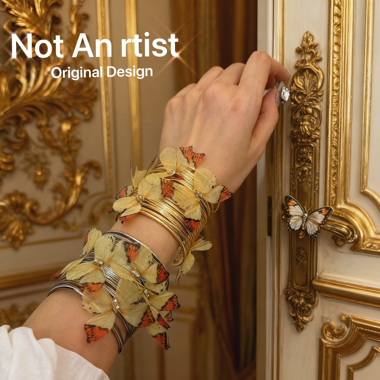 vintage复刻法式复古小众设计感夸张薄纱水钻蝴蝶开口金属手镯