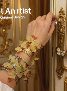 vintage复刻法式复古小众设计感夸张薄纱水钻蝴蝶开口金属手镯