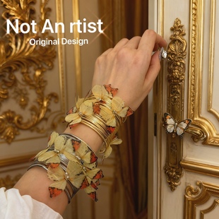 vintage复刻法式 复古小众设计感夸张薄纱水钻蝴蝶开口金属手镯