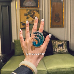 艺术美学日本浮世绘风格漩涡层叠海浪戒指轻奢水钻浪花可调节指环
