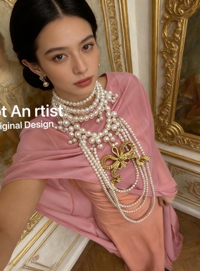 欧美博主私藏款艺术树脂蝴蝶结夸张多层珍珠项链女王气场复古摩登