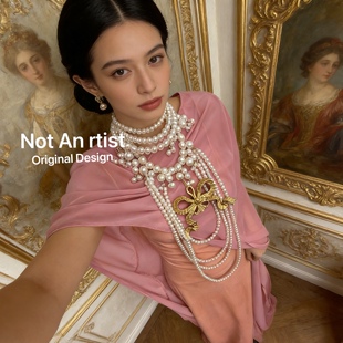 欧美博主私藏款 艺术树脂蝴蝶结夸张多层珍珠项链女王气场复古摩登