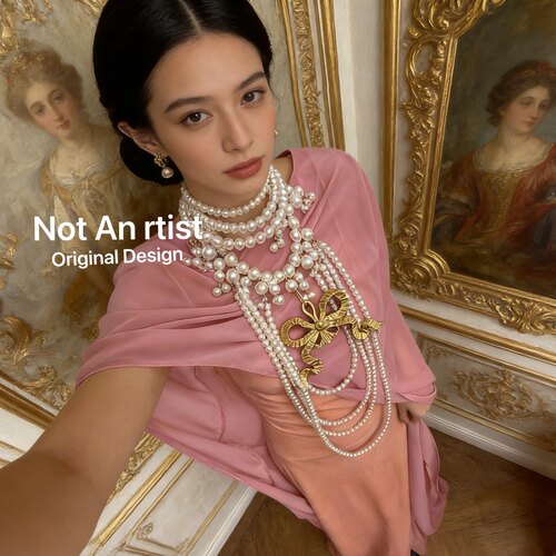 欧美博主私藏款艺术树脂蝴蝶结夸张多层珍珠项链女王气场复古摩登