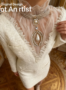 vintage复刻小众设计感夸张水钻珍珠吊坠法式巴洛克珍珠满钻项链