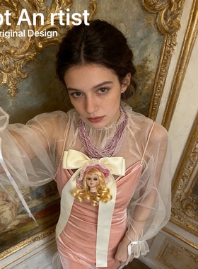 vintage欧洲古董陶瓷娃娃handmade可爱洋娃娃蝴蝶结项链毛衣链