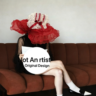 艺术褶皱红帽设计师款 法式 维多利亚复古夸张帽子 Design Artistic