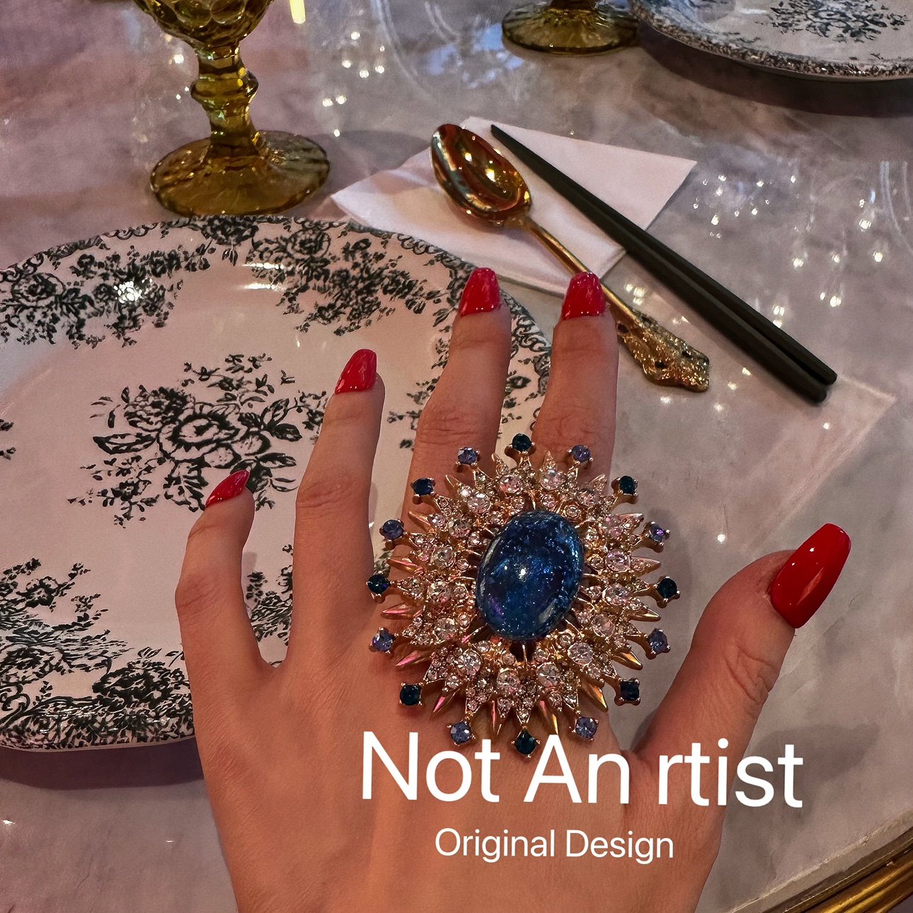 vintage复刻17世纪欧洲文艺复兴蓝色星空璀璨水钻夸张走秀戒指