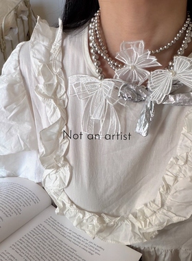 Not An artist手工蕾丝蝴蝶结项链法式复古多层银珠叠戴锁骨链