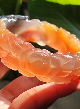 玛瑙印象 纯天然多彩老料玛瑙雕刻手镯 牡丹花开 稀有三彩高冰54