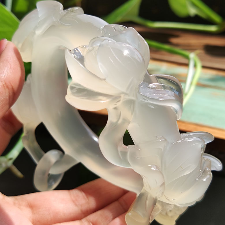 玛瑙印象 稀有极冰白江料玛瑙雕刻手镯 高雅纯洁气质如兰藏品级58