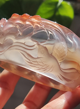 玛瑙印象 春和景明 纯天然巴西粉玛瑙雕刻手镯 稀有高冰透冰粉55