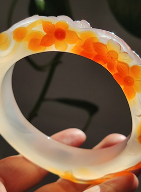 玛瑙印象 桃花夭夭 纯天然马料红玛瑙雕刻手镯 冰底精工雕琢61