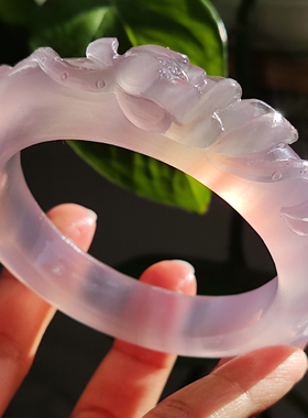 玛瑙印象 纯天然巴西冰紫玛瑙雕刻手镯 清冷感冰紫色荷花 高冰59