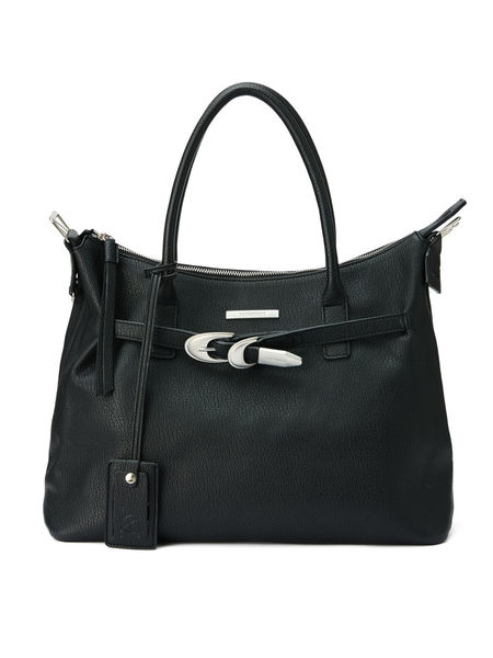 Black leather handbag with top handles and front buckle detail