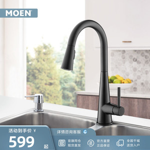 MOEN摩恩厨房龙头水槽水龙头防溅水冷热两用抽拉式雅黑双出水7864