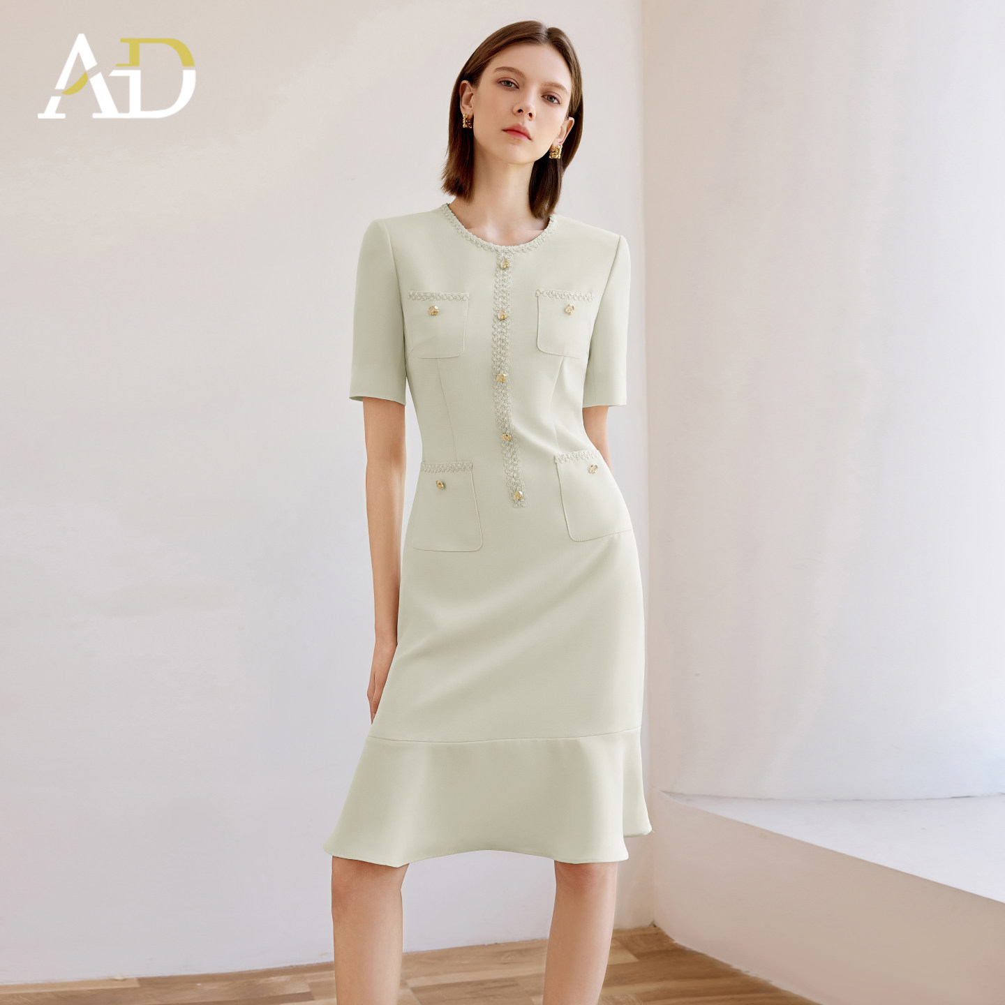 AD小香风镶边荷叶边通勤连衣裙夏图片