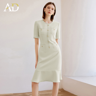 AD小香风日常通勤连衣裙女2025新款夏季短袖镶边荷叶边连身裙子