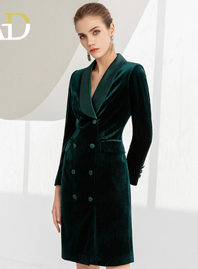 AD墨绿色丝绒主持人连衣裙女时尚青果领秋冬西装裙轻熟风职业裙子