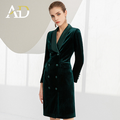 高端墨绿色丝绒连衣裙显瘦职业裙