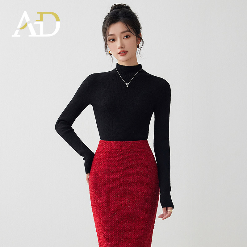 AD紧身显瘦毛衣针织衫女士打底黑色长袖半高圆领气质羊毛衫内搭