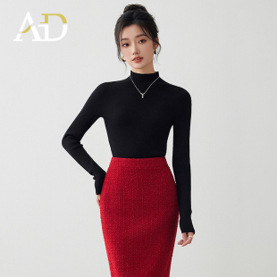 AD紧身显瘦毛衣针织衫女士打底黑色长袖半高圆领气质羊毛衫内搭