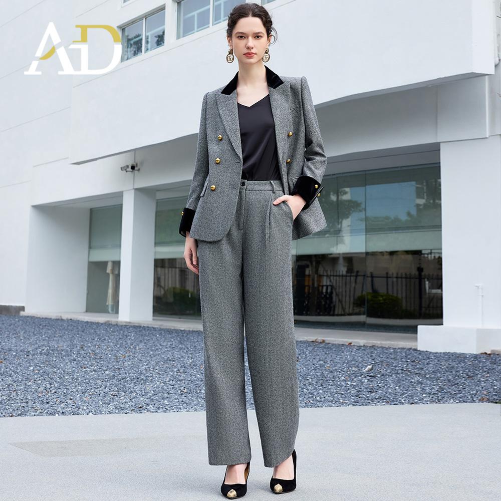 AD羊毛西装女职业正装高级感显瘦阔腿裤秋冬新款灰色人字纹西装