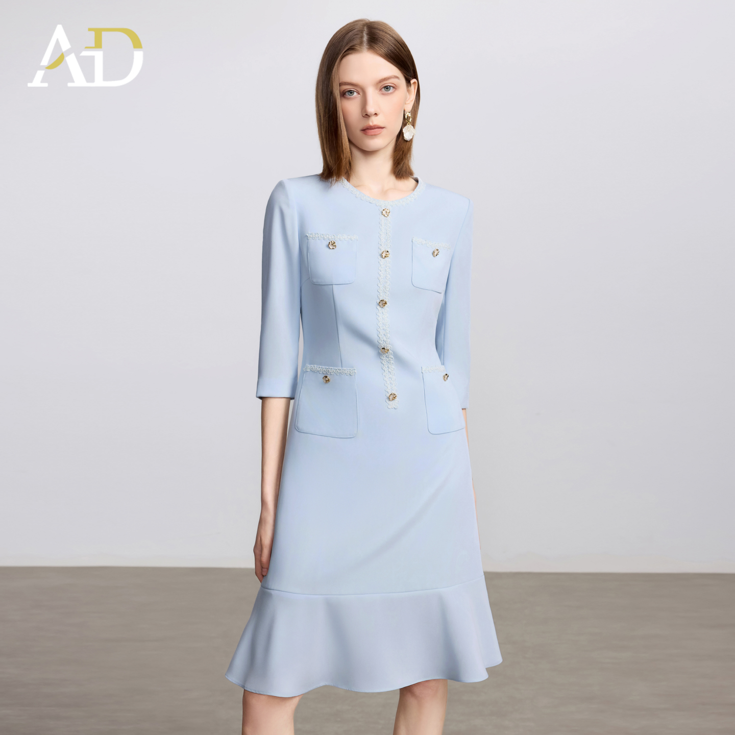 AD小香风圆领连衣裙女夏季新款收腰显瘦小个子高端通勤工作服西服