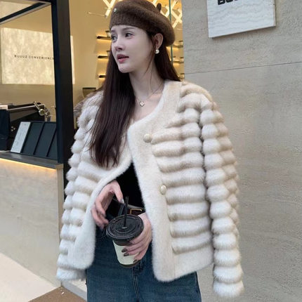 仿水貂绒皮毛一体短款毛毛外套女秋冬年轻款欧貂绒环保毛皮草大衣