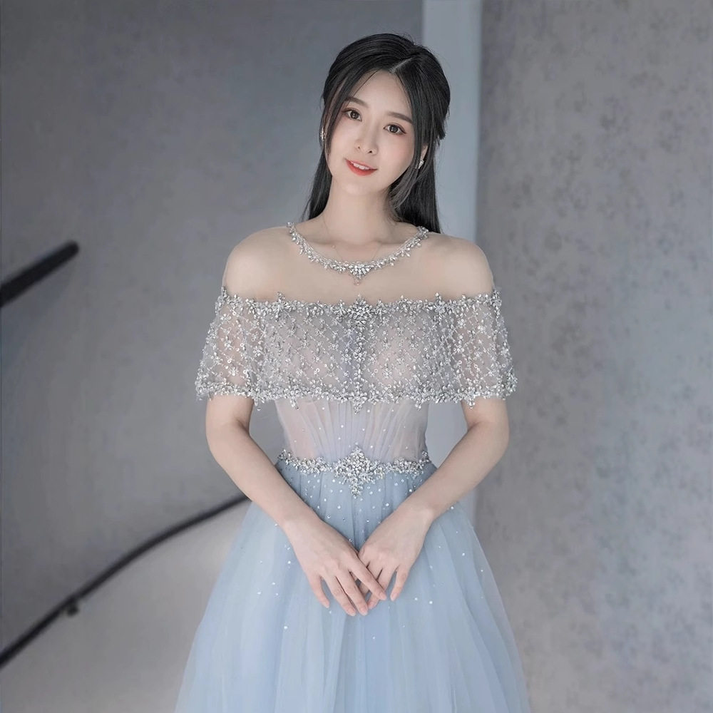 超仙蓝色一字肩网纱蓬蓬裙高级大气晚礼服名媛生日聚会成人礼